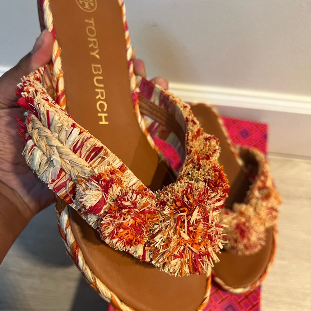 Tory Burch Orange, Cream and Pink Raffia Slide Sandals
